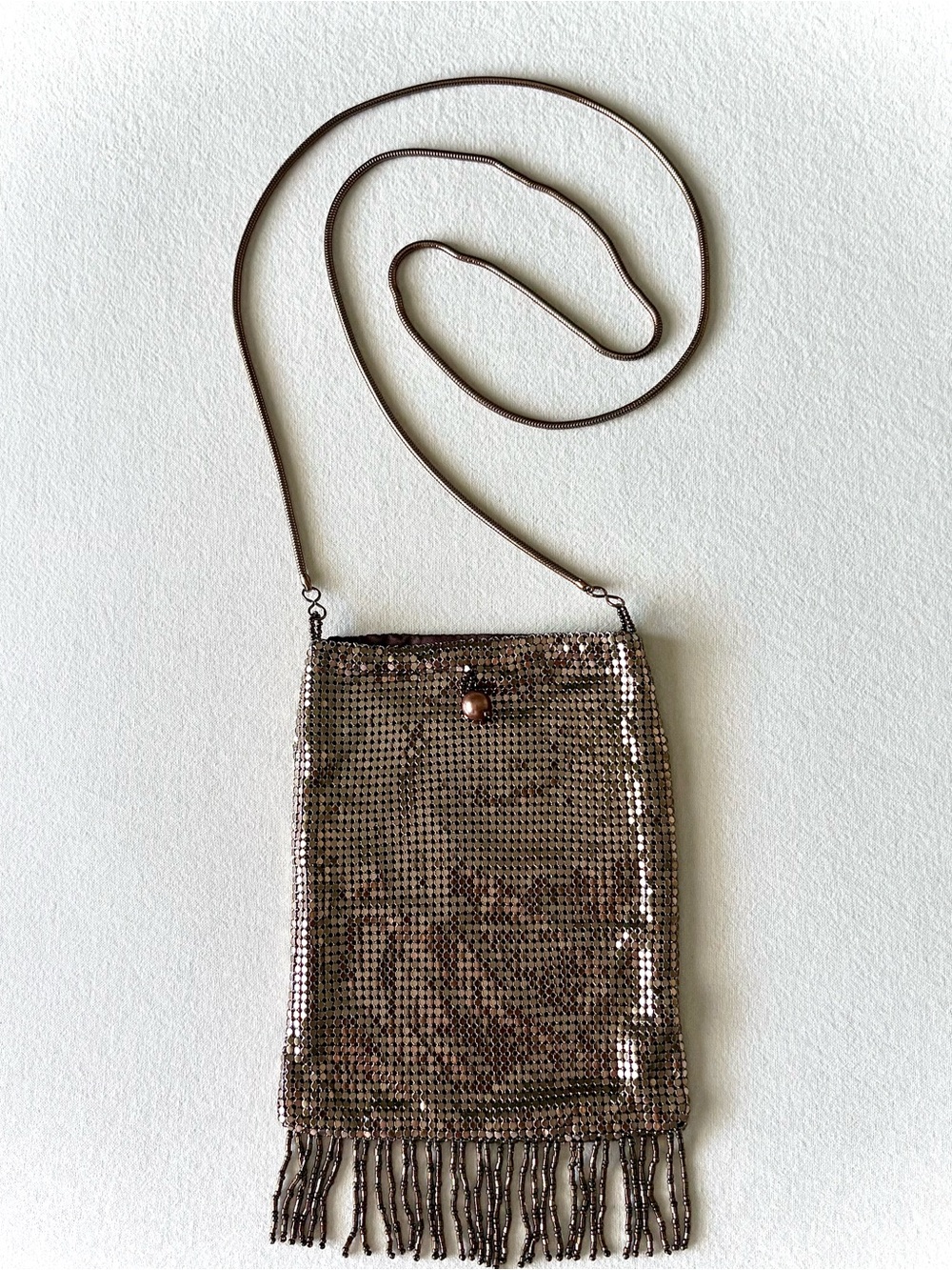 Whiting & Davis Bronze Mesh Fringe Purse with Snake Chain Strap